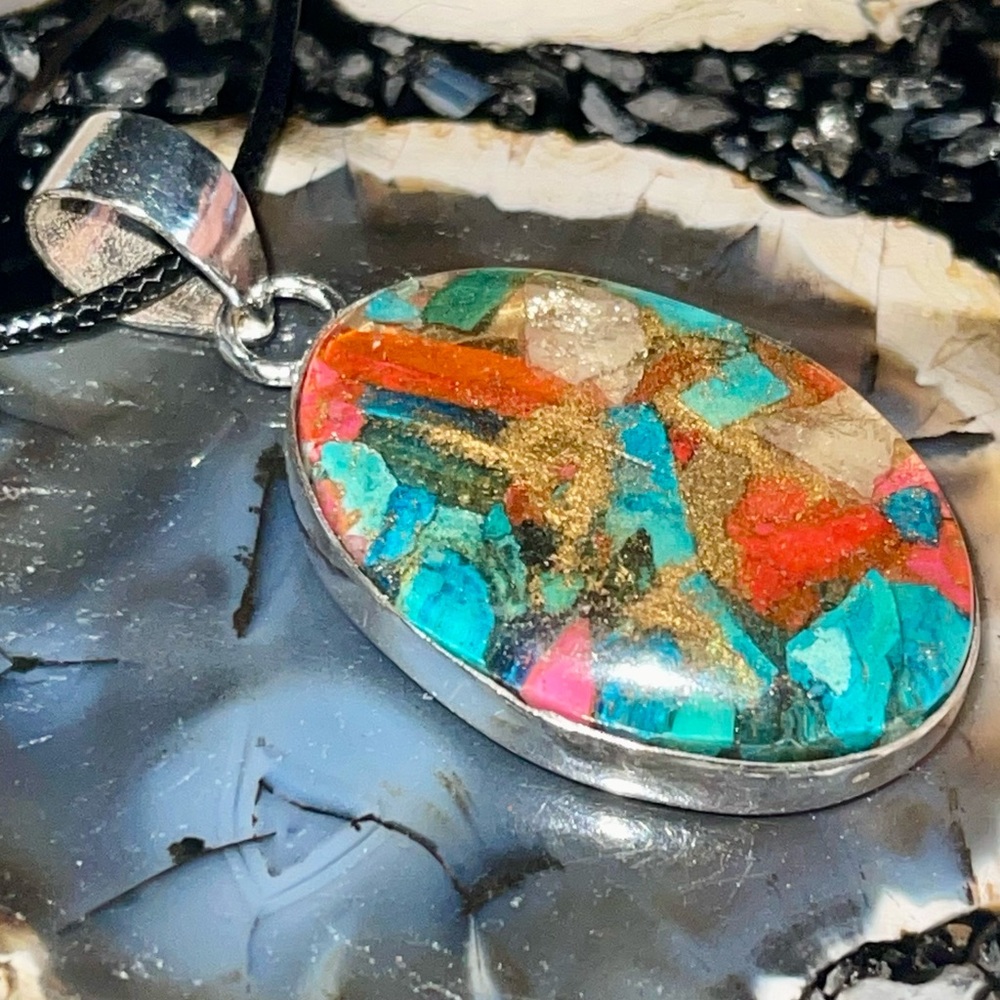 Brecciated Spiny Turquoise in Copper Pendant 2” - Picture 11 of 16